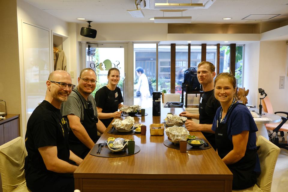 Guests at a Japanese cooking at Sorisso in Tokyo