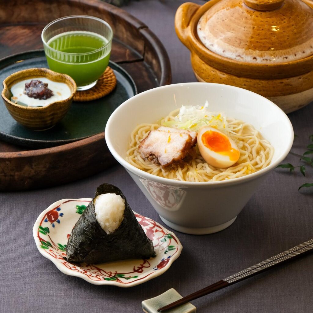 Yuzu shio ramen and onigiri made at a ramen cooking class